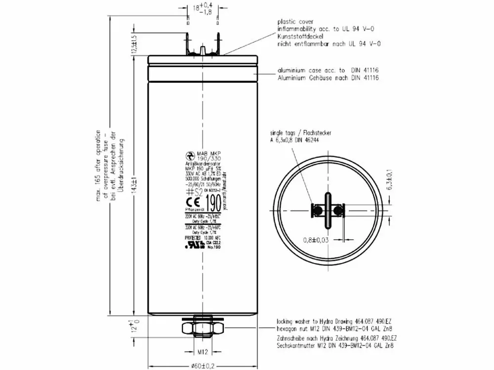 Rychlá doprava - Motorový rozběhový kondenzátor 190uF 330V Hydra MAB MKP