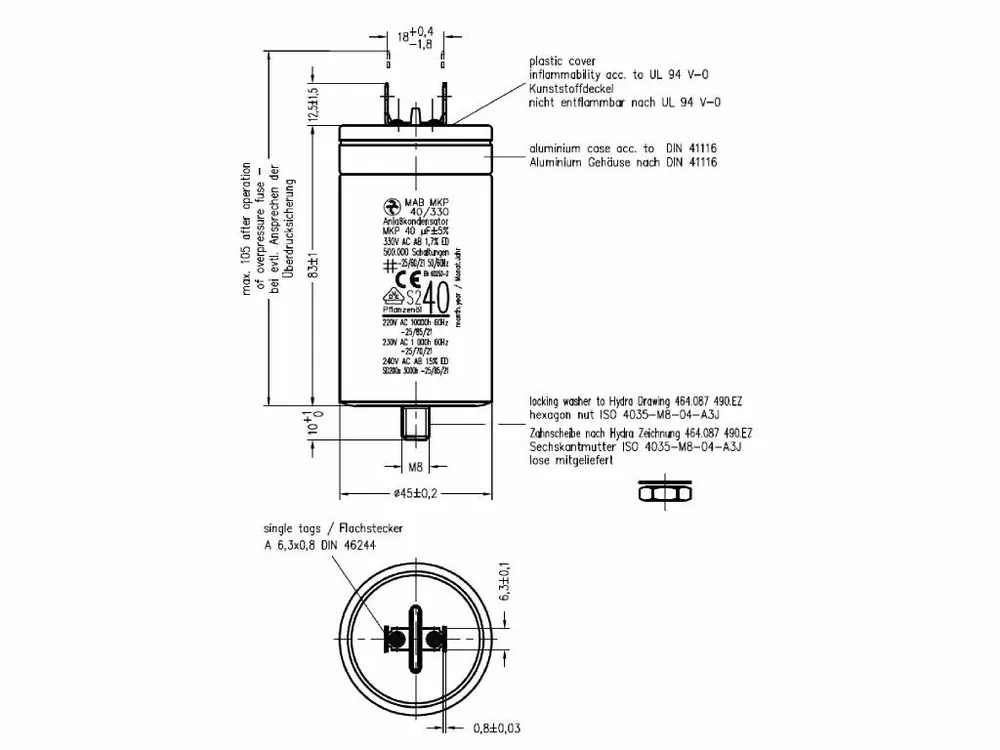 Motorový rozběhový kondenzátor 40uF 330V Hydra MAB MKP - Sleva