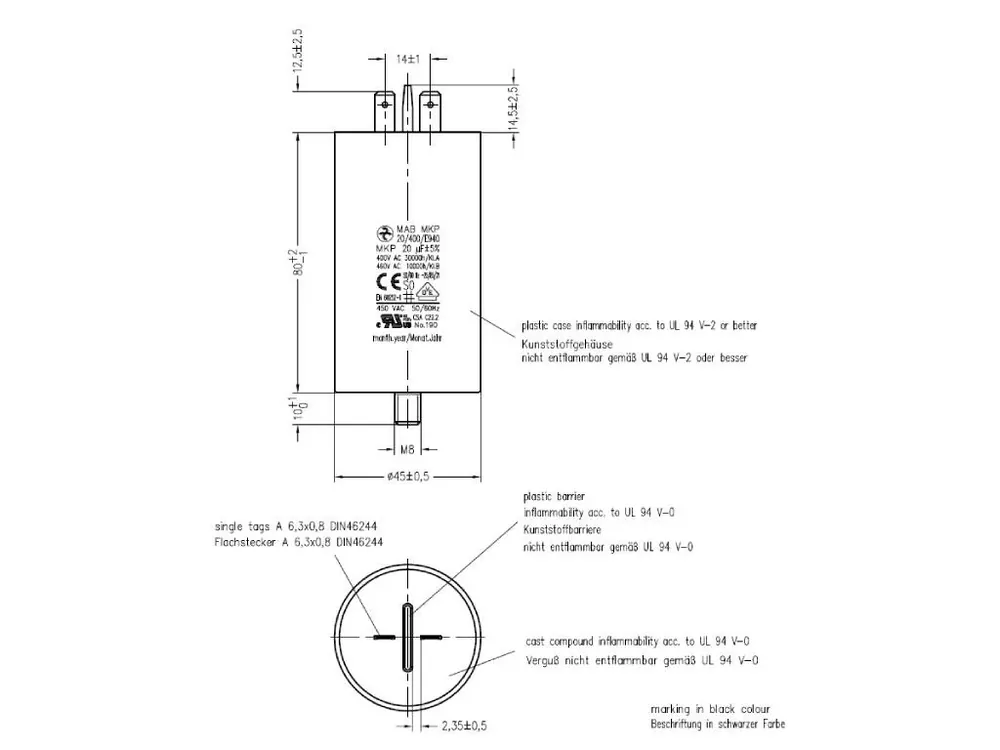 Vysoká kvalita - Motorový rozběhový kondenzátor 20uF 400V MAB MKP