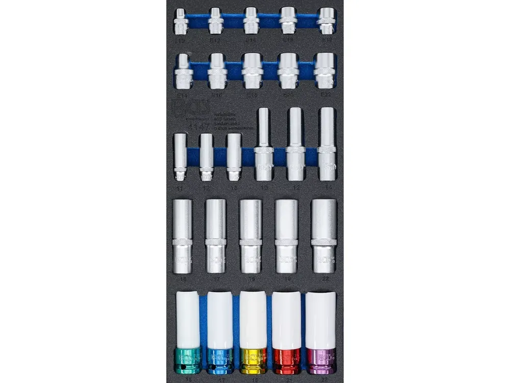 Slevy | Nástrčné klíče v pěnové výplni, 1/2", 3/8", 1/4", 11 - 22 mm, E10 - E22, 26 ks - B4147