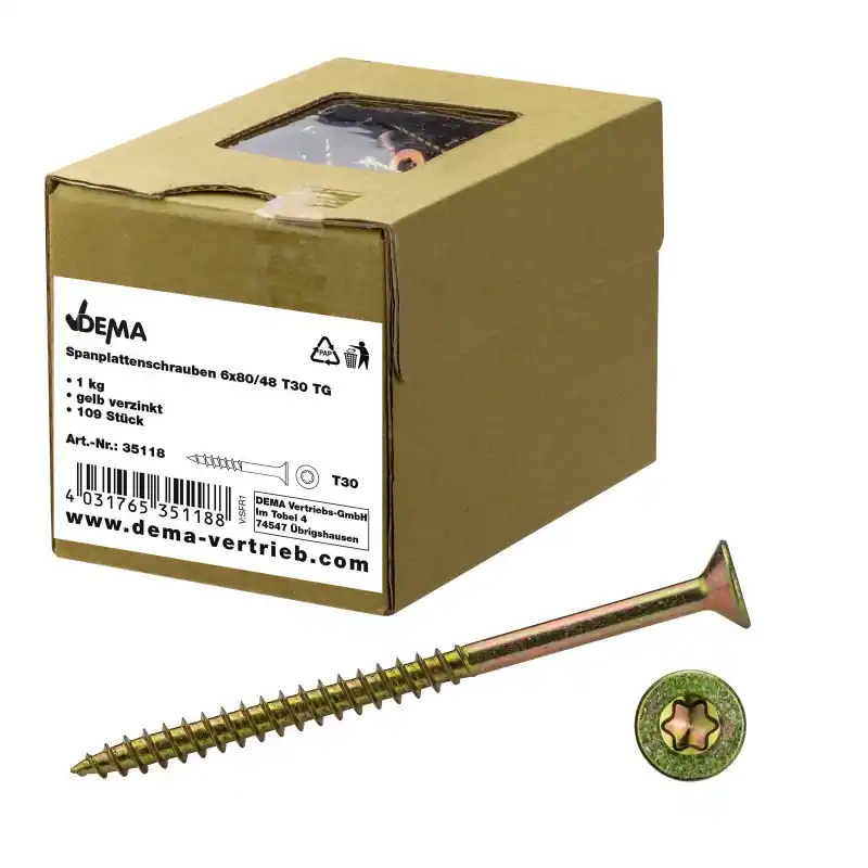 DEMA Šrouby do dřevotřísky částečný závit 6x80/48 T30, 1 kg | Prémiová kvalita