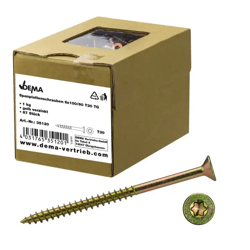 DEMA Šrouby do dřevotřísky částečný závit 6x100/60 T30, 1 kg - Přímo od výrobce