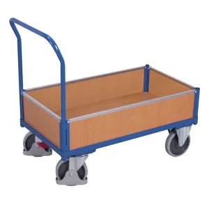 Skvělá cena | Plošinový vozík s madlem, nízké plné bočnice, Variofit, ložná plocha 121 x 75 cm, do 500 kg, modrá/antracit