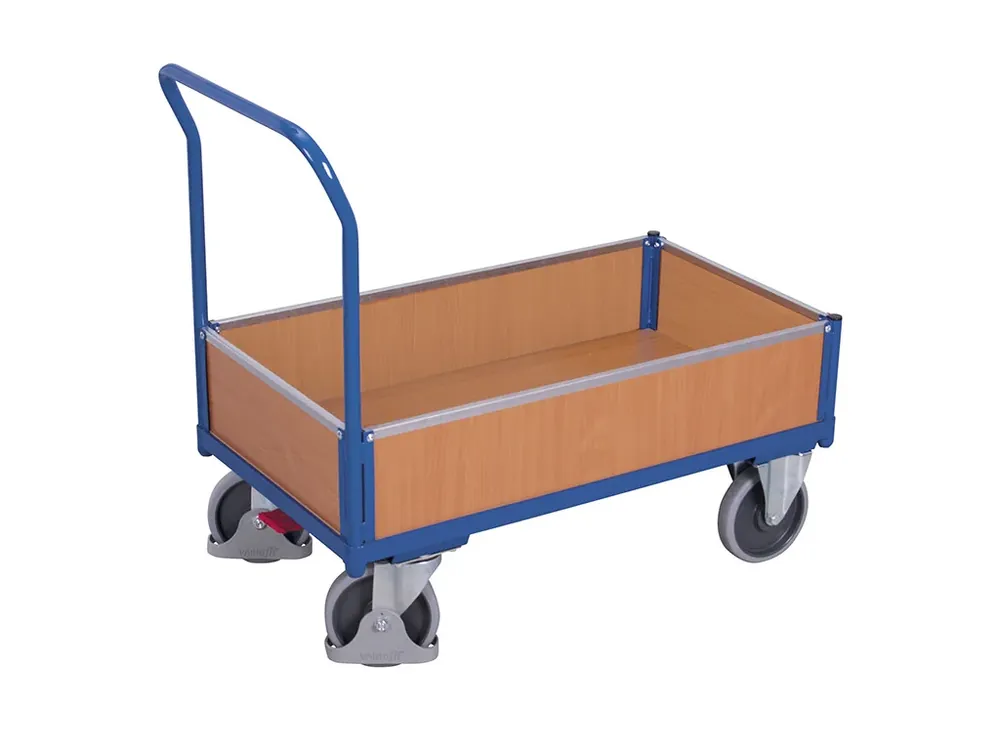 Skvělá cena | Plošinový vozík s madlem, nízké plné bočnice, Variofit, ložná plocha 121 x 75 cm, do 500 kg, modrá/antracit