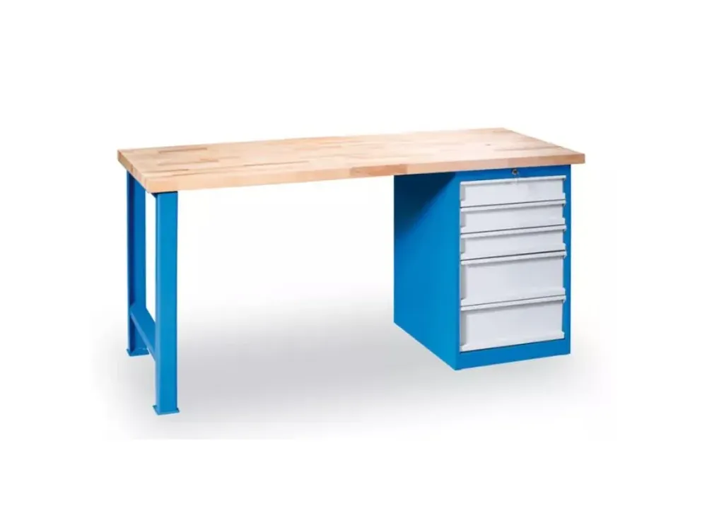 Dílenský stůl Variant, buková spárovka, pevná noha + zásuvkový dílenský box, 5 zásuvek, 1500 x 685 x 850 mm, modrá | Poslední příležitost