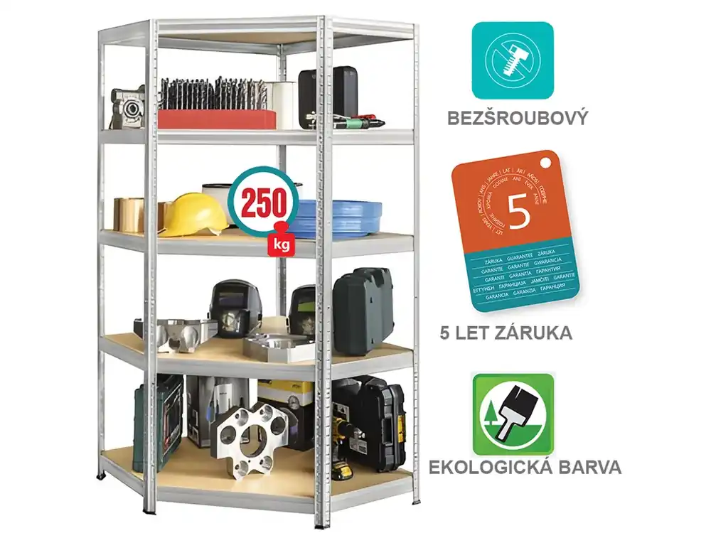Kovový bezšroubový regál FUTUR rohový, 180 x 90 x 45 cm, 5 polic, MDF, nosnost 250 kg, pozink - Bestseller
