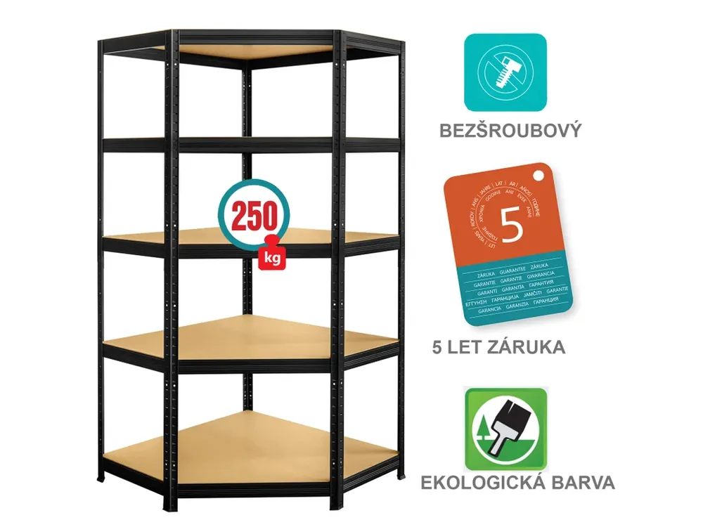 Kovový bezšroubový regál FUTUR rohový, 180 x 90 x 45 cm, 5 polic, MDF, nosnost 250 kg, černý - Pouze dnes