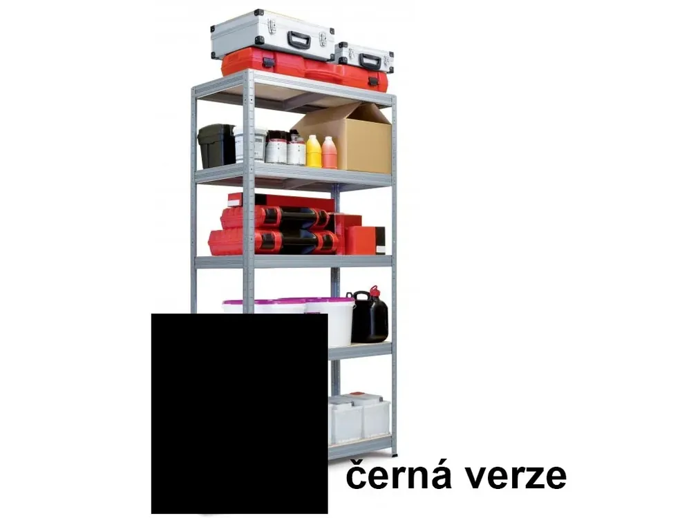 Kovový bezšroubový regál FUTUR, 180 x 75 x 35 cm, 250 kg/pol., 5 dřevovláknitých HDF polic, černá | Cena od výrobce