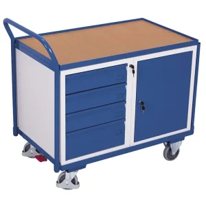 Špičková kvalita | Dílenský vozík, 4 zásuvky a skříňka, Variofit, do 250 kg, š x h x v 112,5 x 62,5 x 101 cm, modrá/antracit