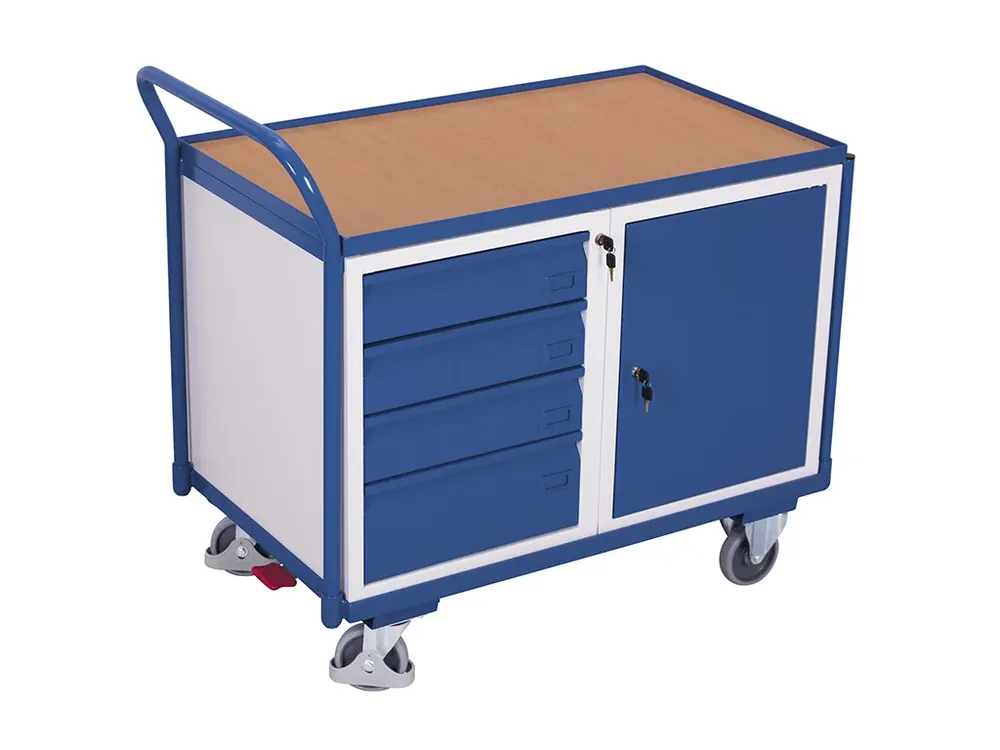 Špičková kvalita | Dílenský vozík, 4 zásuvky a skříňka, Variofit, do 250 kg, š x h x v 112,5 x 62,5 x 101 cm, modrá/antracit