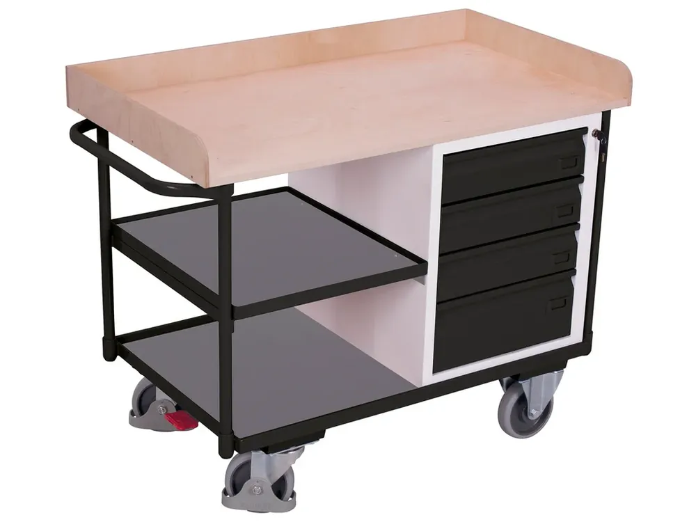 Ihned k objednání | Dílenský vozík, 4 zásuvky a police, Variofit, do 400 kg, š x h x v 122 x 64 x 95,5 cm, modrá/antracit