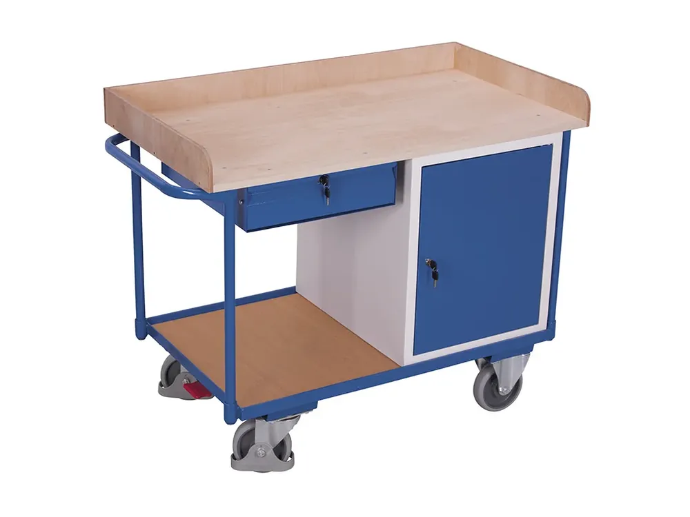Dílenský vozík, 1 zásuvka a skříňka, Variofit, do 400 kg, š x h x v 122 x 64 x 95,5 cm, modrá/antracit - K dispozici