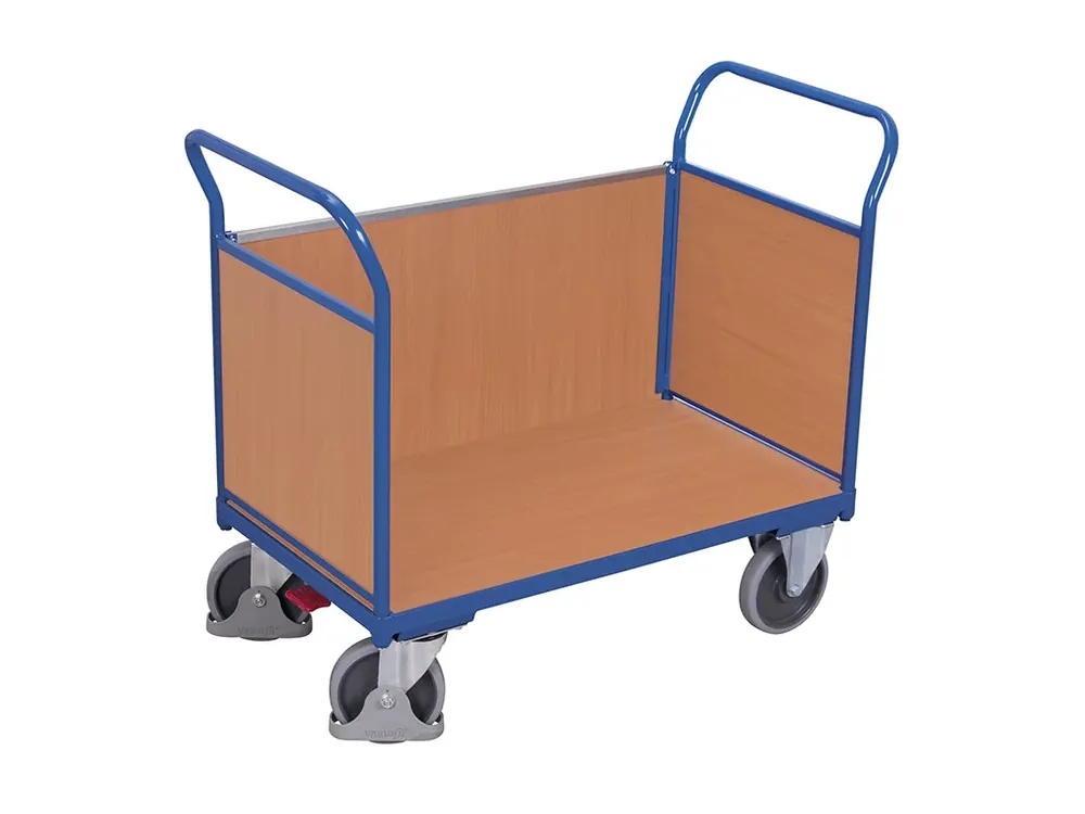 Cenová bomba - Plošinový vozík se dvěma madly a boční stěnou s plnou výplní, Variofit, ložná plocha 85 x 47 cm, do 400 kg, modrá/antracit