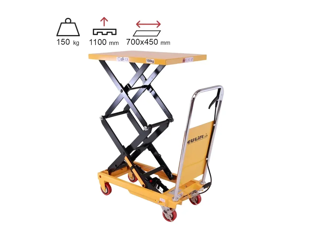 Akční sleva | Mobilní hydraulický zvedací stůl, do 150 kg, deska 74 x 45 cm, dvojité nůžky