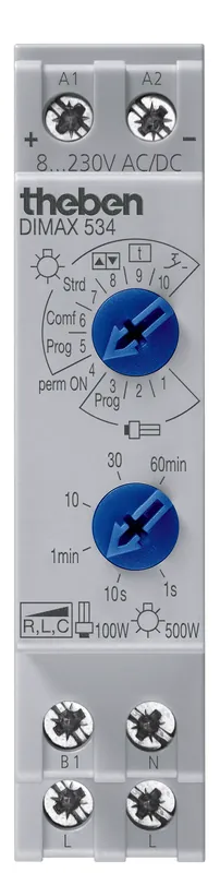 THEBEN 5340001 DIMAX 534 plus Univerzální stmívač na DIN lištu s funkcí usínání, světelnými scénami a schodišťovým světlem, max. 400 W - Nově přidáno