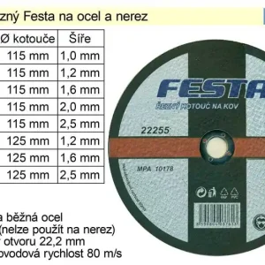 Kotouč řezný na ocel Festa 115x1,0mm | Připraveno k odeslání