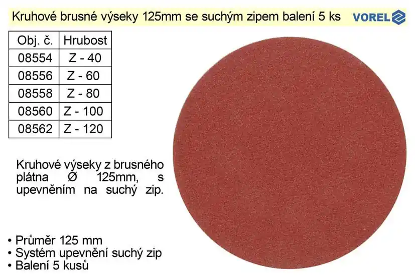 Ihned k objednání | Brusný výsek 125mm Z 40 se suchým zipem balení 5 kusů