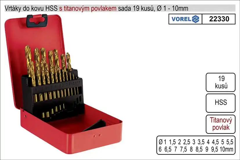 Vrtáky do kovu s titanovým povlakem 1-10mm HSS sada 19 kusů | Nově přidáno