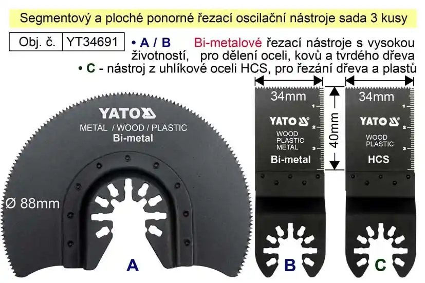 Vysoká kvalita | Segmentový a ploché ponorné řezací oscilační nástroje sada 3 kusy YT