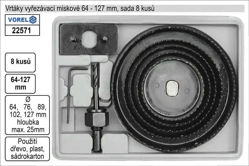 VOREL Vrtáky vyřezávací miskové sada 8 dílů 64-127mm | Právě uvedeno na trh