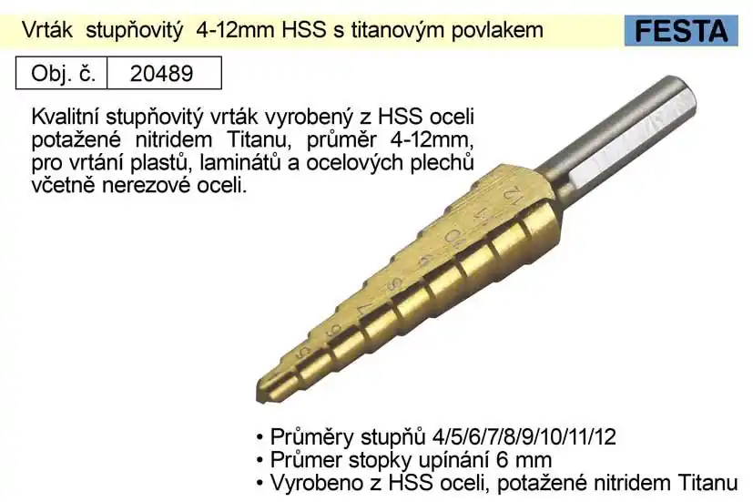 Vrták stupňovitý 4-12mm HSS s titanovým povlakem | Slevy