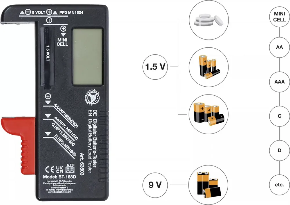 Ušetřete - BGS Technic Digitální zkoušečka tester baterií 1,5V-9V (AAA, AA, A, R03, CR, LR6, apod.)