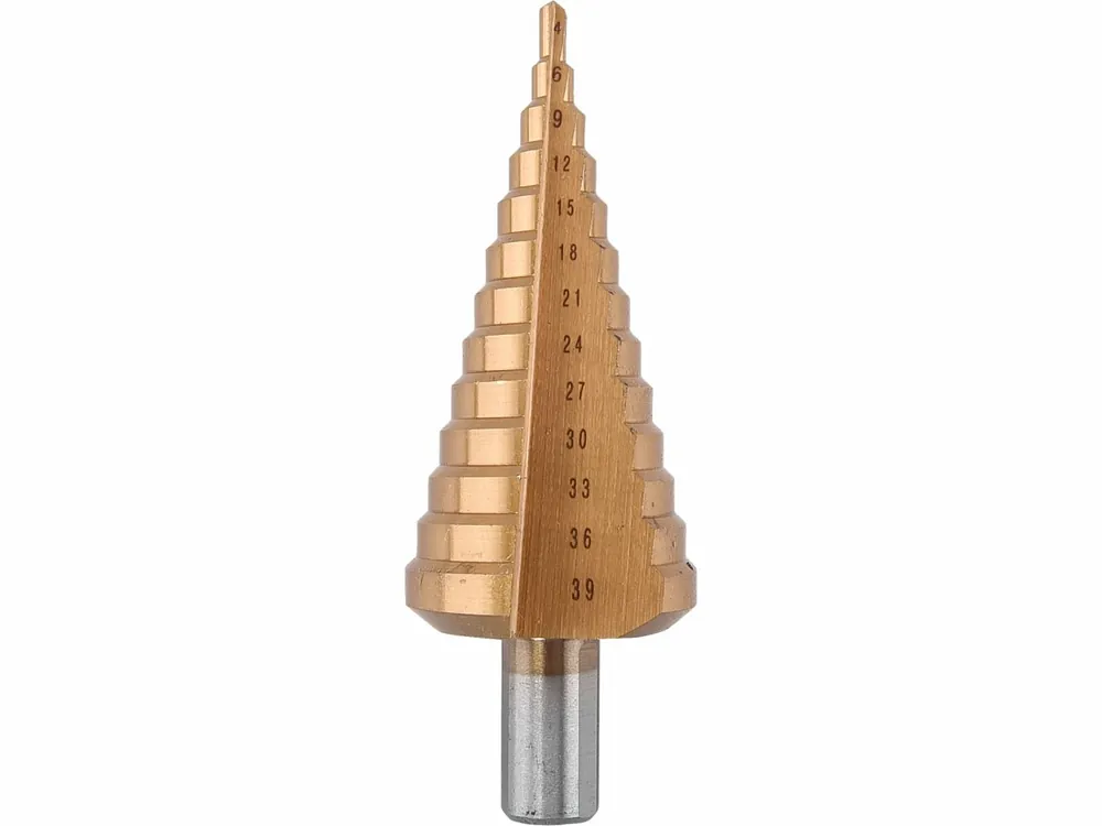 Právě přidáno | vrták stupňovitý, Ř4-39mm, stupňování po 3mm, 13 otvorů, stopka Ř13mm, délka 107mm, TiN,
