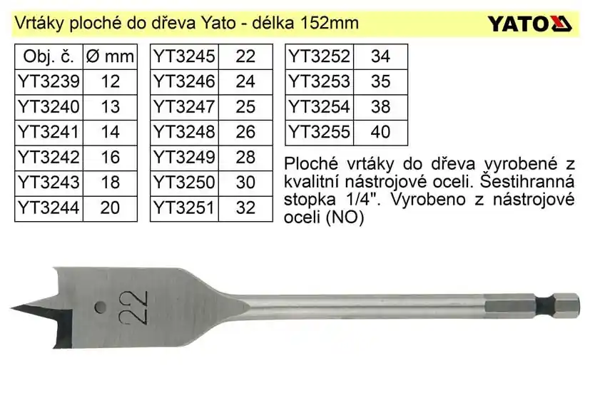 Snížená cena - Vrták plochý průměr 14mm do dřeva Yato