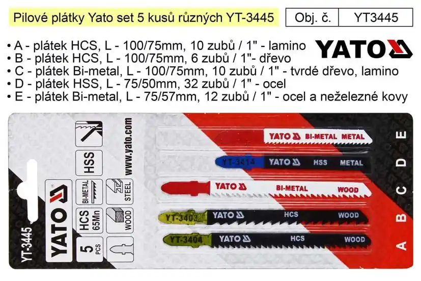 Pilové plátky Yato set 5 kusů různých YT-3445 - Výprodej