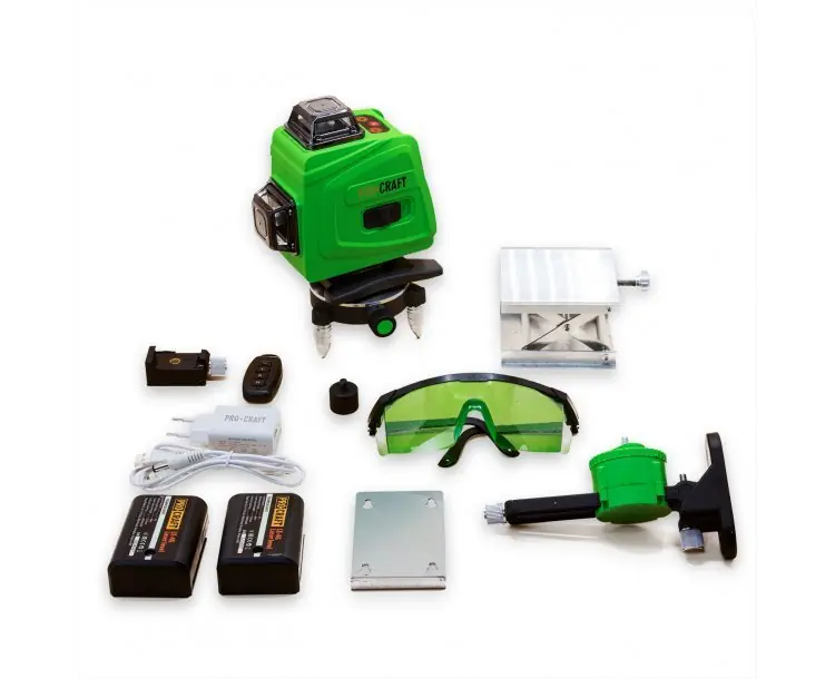 Profesionální kvalita - PROCRAFT LE-4G Křížový laser 3D 360° zelený paprsek, samonivelační, dosah 40m