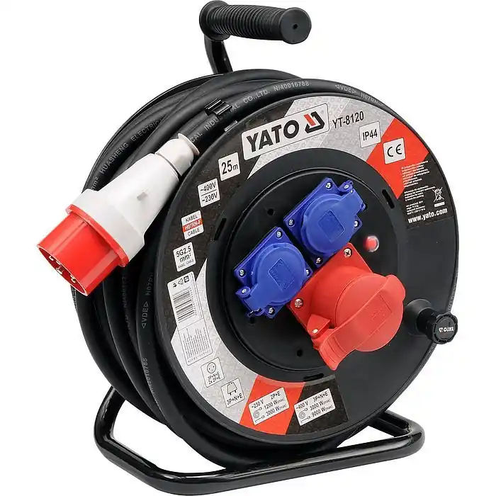 YATO Prodlužovací kabel na cívce 25m, 400V 5x2,5mm, gumová izolace, 3 zásuvky YT-8120 - Rychlá expedice