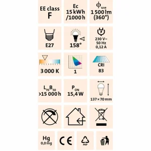 Žárovka LED klasická, 15W, 1350Lm, E27, teplá bílá, EXTOL LIGHT 43005 - Rychlá doprava