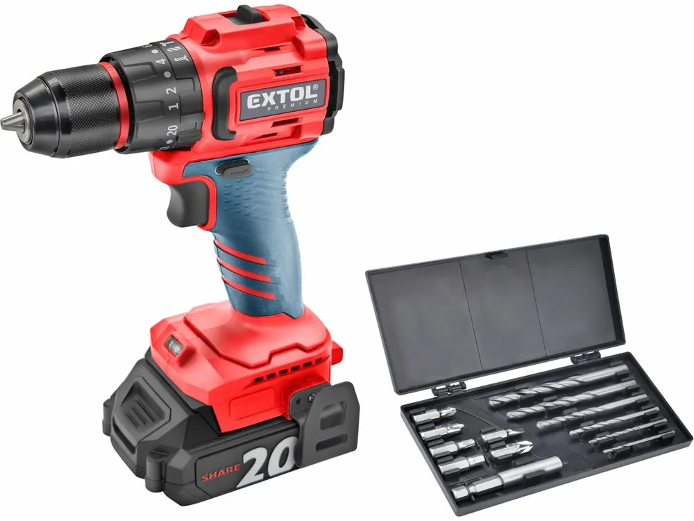 Prodejní hit | EXTOL PREMIUM vrtací šroubovák aku s příklepem SHARE20V, BRUSHLESS, 2x2Ah 8891806