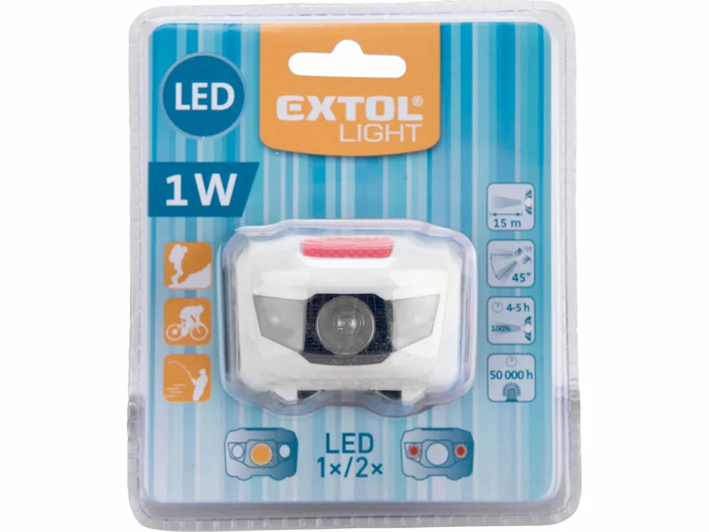 čelovka 1W + 2LED, 4módy světla 100%, 50%, červené LED, červené LED blikání, baterie 3x1 - Akce končí brzy