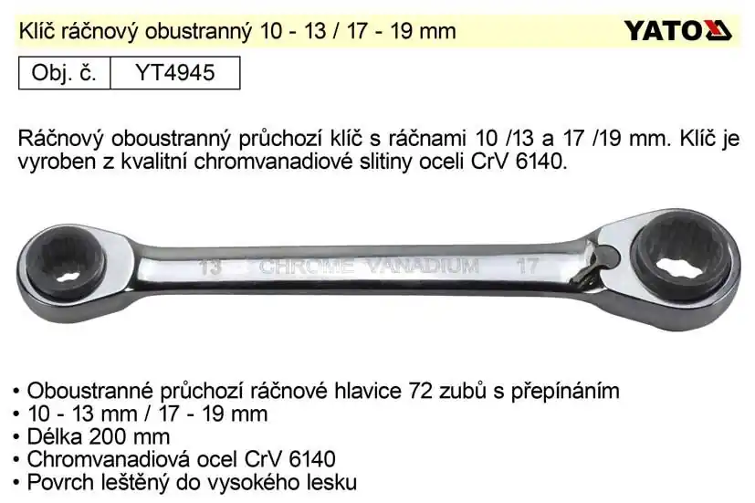 Klíč ráčnový oboustranný 10 - 13 / 17 - 19 mm Yato - Nově v sortimentu
