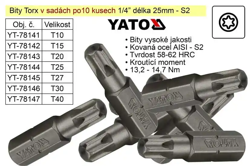 Bit Torx T15x25mm 1/4‘ sada 10 kusů YT-78142 - Výhodná koupě