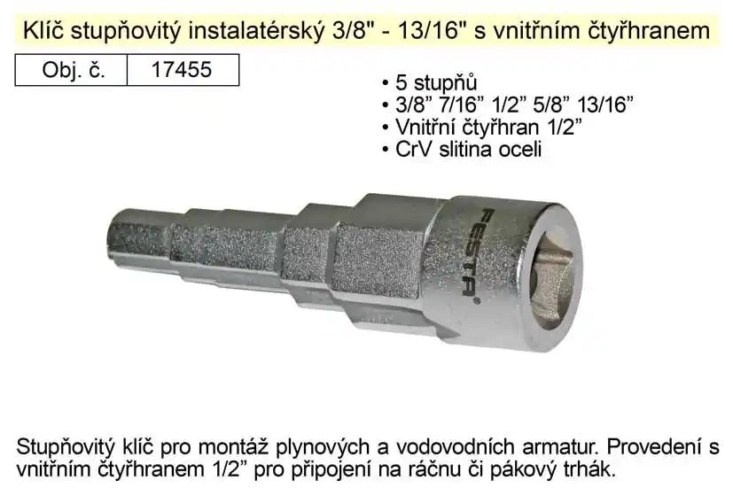 Klíč stupňovitý instalatérský 3/8"-13/16" vnitřní čtyřhran 1/2" | Přímo z výroby