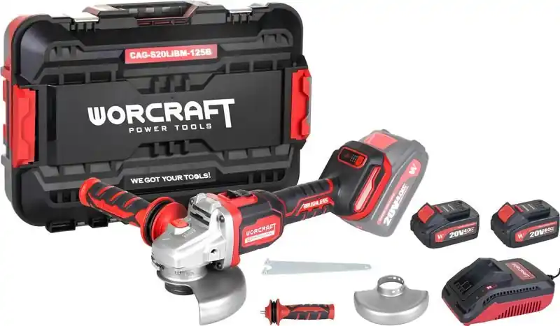 WORCRAFT CAG-S20LiBM Aku úhlová bruska 125mm 6 rychl, bezuhlíková, 20V, 2x4.0Ah, nabíječka - Zbývá jen pár kusů