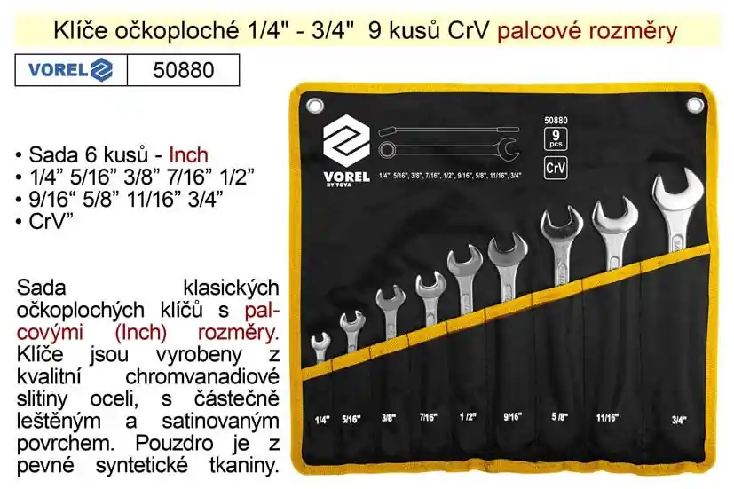 Končí brzy - Klíče očkoploché sada 1/4" - 3/4" 9 kusů CrV palcové rozměry