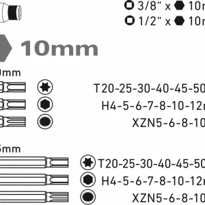 Bity Torx, XZN, Imbus, sada 40 dílů, pro ráčny 3/8" a 1/2", Extol Premium - Speciální cena