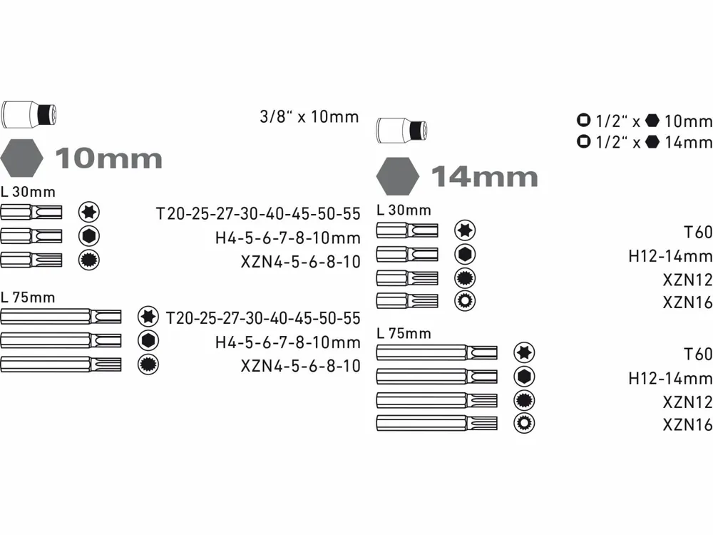 Bity Torx, XZN, Imbus, sada 51 dílů, pro ráčny 3/8" a 1/2", Extol Premium | Objednejte nyní