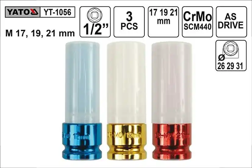 YATO Gola ořechy 1/2" na motáž hliníkových kol, Alu disků sada 3 kusy 17-21mm - Poslední šance