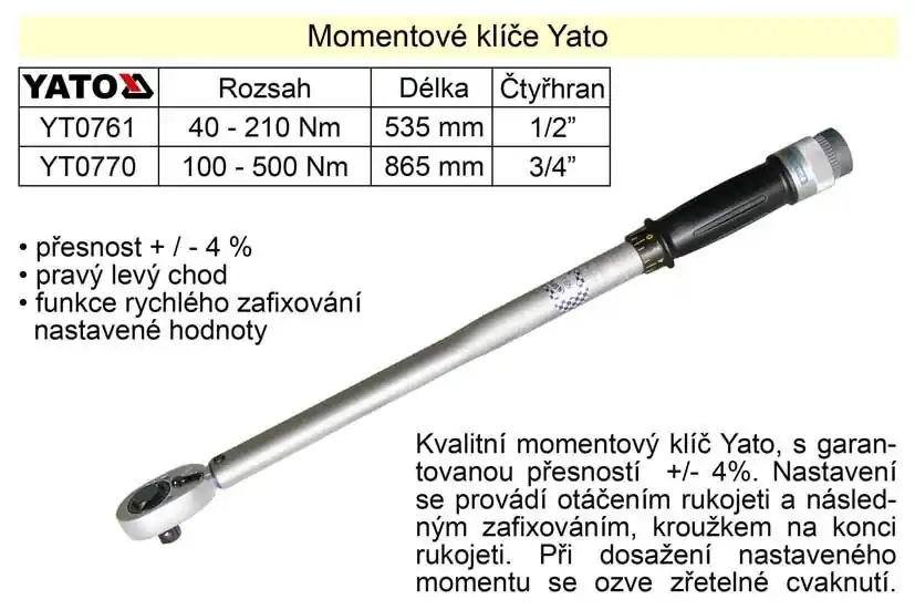 Nejlepší cena - Momentový klíč ohybový 100 - 500 Nm 3/4" Yato