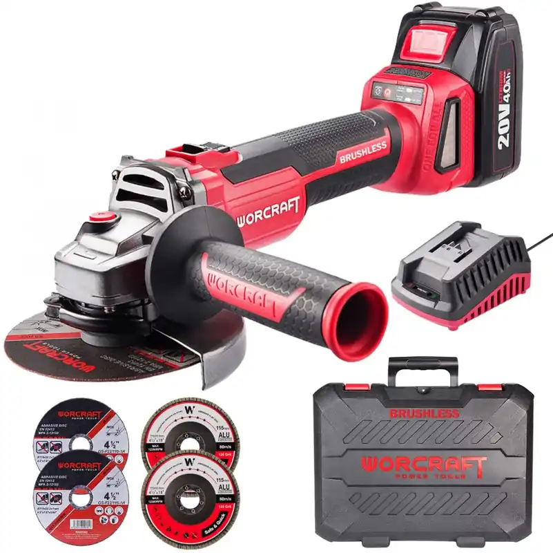 Aku úhlová bruska 125mm, bezuhlíková, 20V Worcraft CAG-S20LiBH 1x4.0Ah, nabíječka, kufr - Velmi žádaný produkt