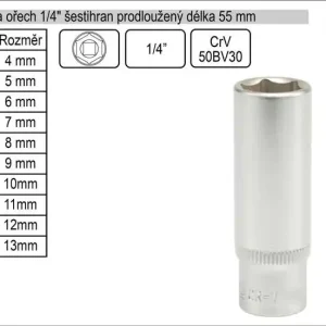 Akce - Gola ořech šestihran 1/4" prodloužený 7mm