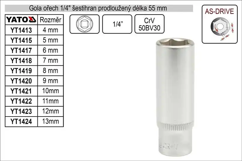 Akce - Gola ořech šestihran 1/4" prodloužený 7mm