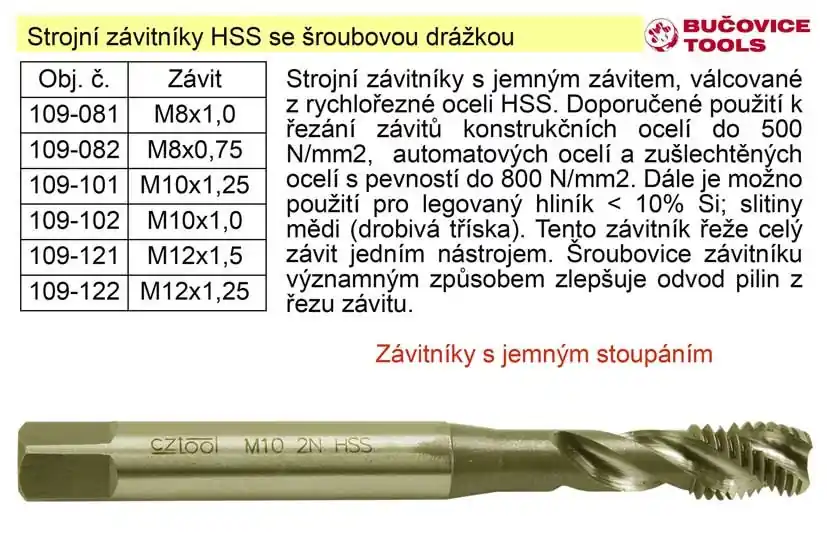 Strojní závitník M10x1,25 HSS šroubová drážka jemný závit | Právě přidáno