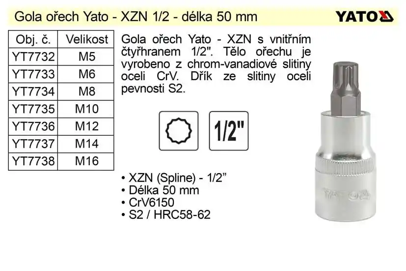 Doprodej - Gola ořech XZN M6 1/2" YT-7733