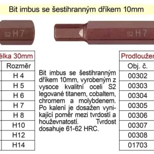 Bit imbus H14 se šestihranným dříkem 10mm délka 75mm | Lze objednat