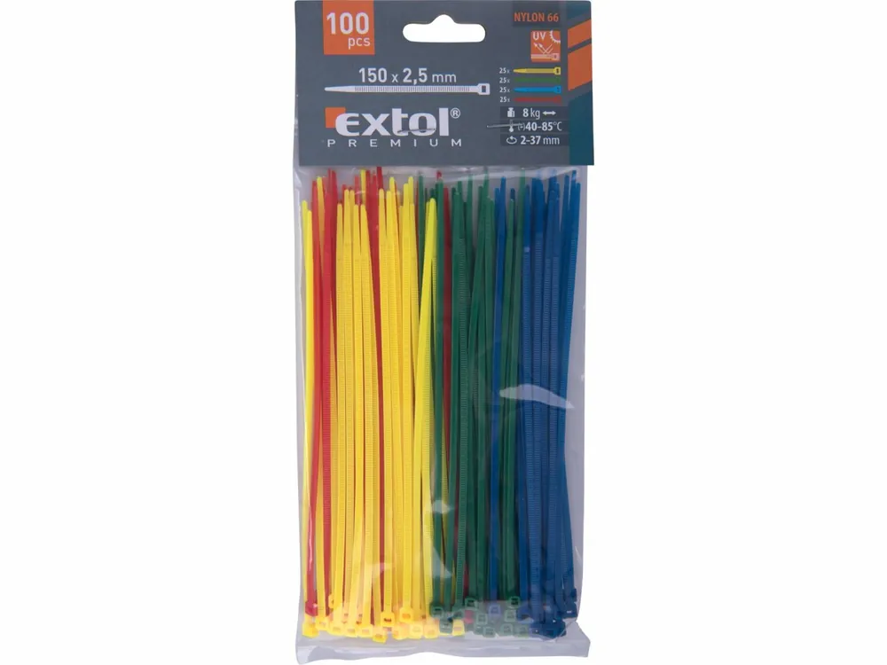 Ihned k dispozici | EXTOL PREMIUM pásky stahovací barevné, 150x2,5mm, 100ks, (4x25ks), 4 barvy, nylon PA66